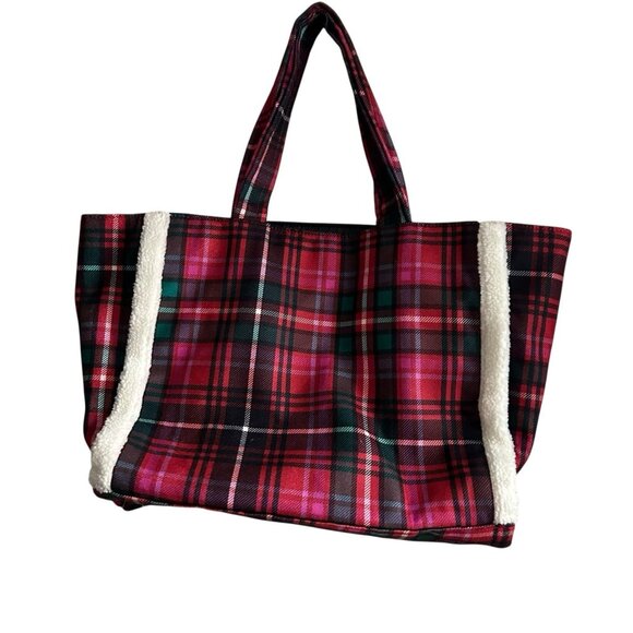 Victoria Secret Flannel Plaid Tote Bag Pink Red Large Snap Structured Preppy Y2K - Picture 3 of 10
